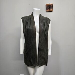 Italian Leather Vest IT 46 US 10 Olive Green Moto Avant Garde Cyberpunk Artsy